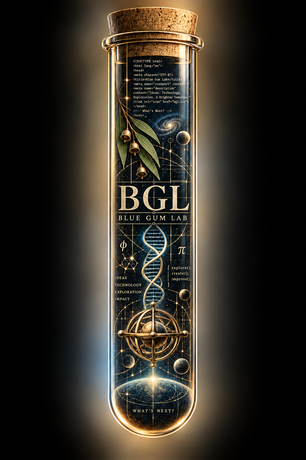 Blue Gum Lab concept artwork featuring a test tube, code, eucalyptus leaves and scientific motifs.